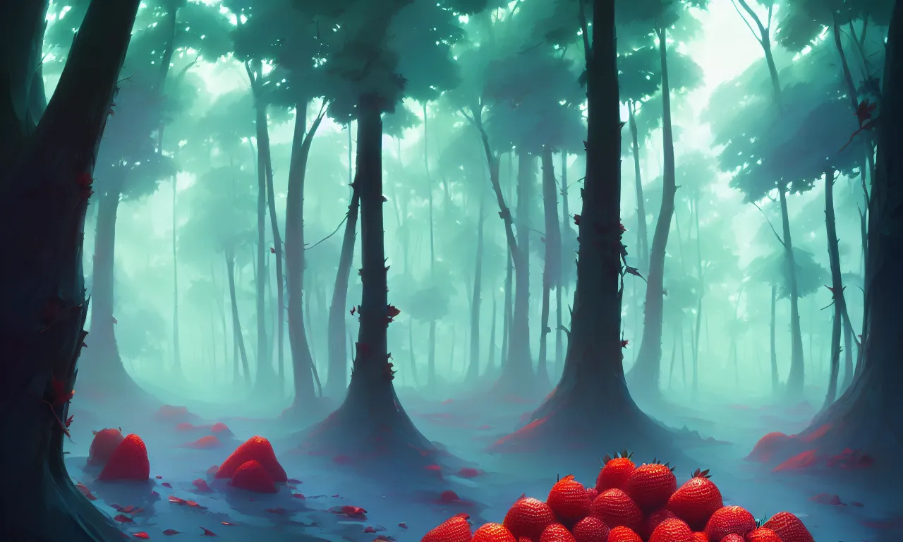 Image similar to Dark forest strawberries, behance hd by Jesper Ejsing, by RHADS, Makoto Shinkai and Lois van baarle, ilya kuvshinov, rossdraws global illumination