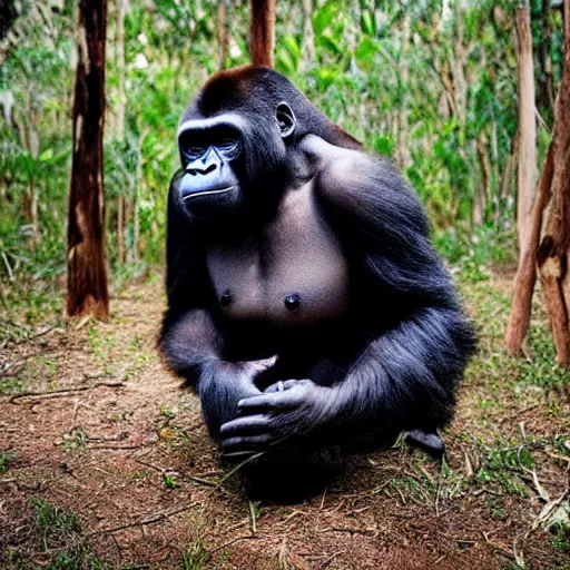 Prompt: National Geographic photo of half gorilla half human in the Australian bush