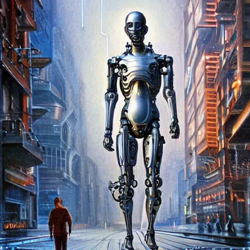 Image similar to humanoid cyborg sci - fi liquid man walks through the center of a city, extremely detailed oil painting, 1 9 2 0's colored pencil, highly detailed, highly accurate, deep aesthetic, 8 k, highly ornate intricate details, cinematic lighting, rich colors, beautiful scenic view, ray tracing, hyperrealistic, photorealistic, cinematic landscape, trending on artstation, concept art,