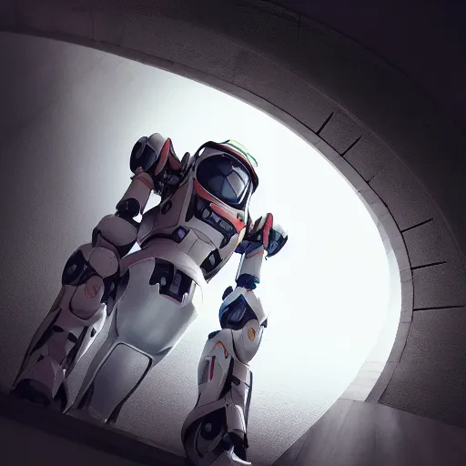 Prompt: beautiful portrait of a mecha astronaut going up the stairs to heaven alone, octane render, trending on artstation, hyperrealistic, character photography