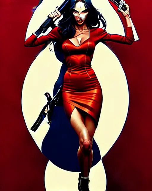 Image similar to artgerm, joshua middleton comic cover art, full body pretty megan fox holding a shotgun, red dress, symmetrical eyes, symmetrical face, long curly black hair, dark city background, cinematic lighting