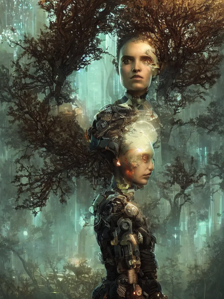 Image similar to a hyperrealistic cyberpunkpunk portrait of a gorgeous woman in the movie Annihilation, with mutated trees and trees and fractal sunlight, award-winning, masterpiece, in the style of Tom Bagshaw, Cedric Peyravernay, Peter Mohrbacher