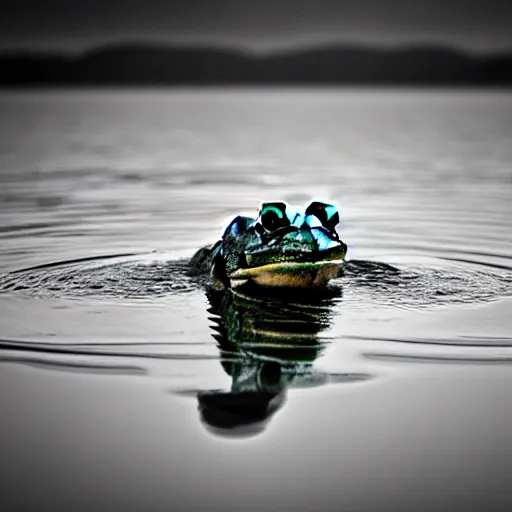 Image similar to semitranslucent smiling frog amphibian jumping over misty lake surface, cinematic shot by Andrei Tarkovsky, jump in composition of Leap into the Void by Yves Klein, paranormal, spiritual, mystical