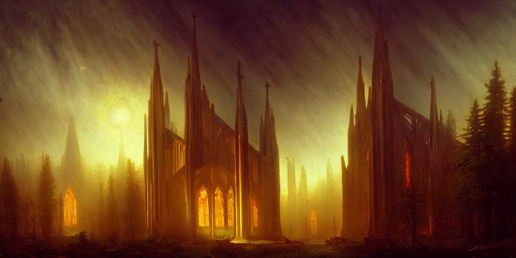 Prompt: the holy redwood cathedral by albert bierstadt, luminism, stunning detailed painting, trending on artstation, cinematic concept art