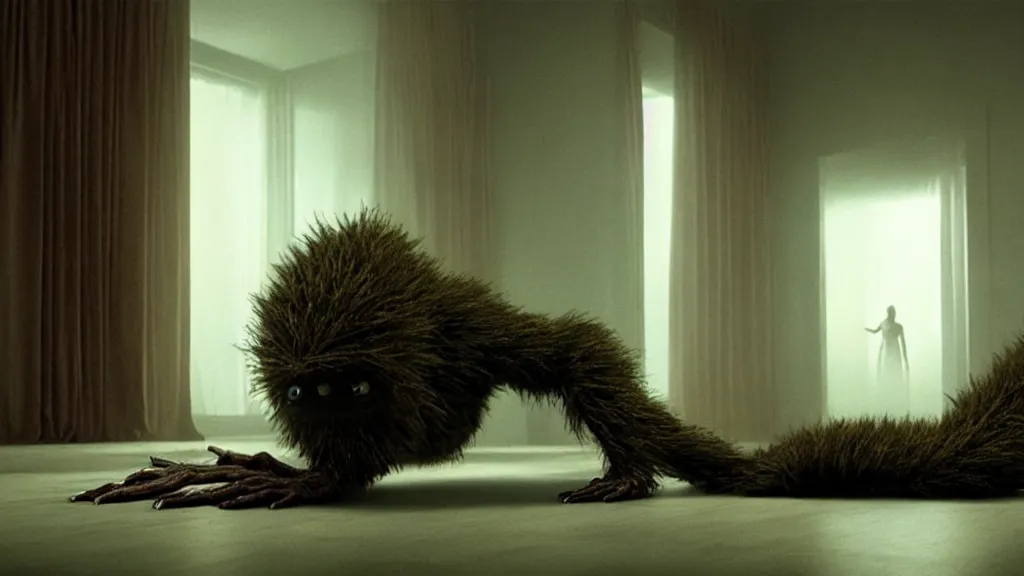 Image similar to a strange creature crawls out of a TV set into the living room, film still from the movie directed by Denis Villeneuve with art direction by Zdzisław Beksiński, wide lens