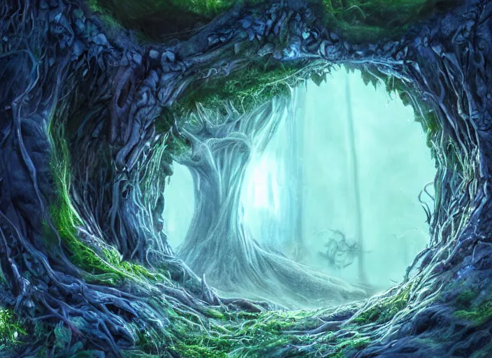 Prompt: portal inside of a humongous tree on a luminescent crystalline alien biome, spooky, intricate details, fantasy, hyper realism, art, smooth, beautiful art, masterpiece, landscape, cinematic, wet reflections, ray tracing x, rtx, smooth