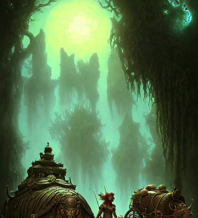 Image similar to subsurface scattering, a caravan rests at the verdant oasis, the art of athas and dark sun, brom's dark sun art on a 7 0's style fantasy novel cover, digital painting by brom, amazingly detailed d & d art, concept art, intricate details, beautiful, volumetric lighting, ultrarealistic, cgsociety, square enix cinematic art