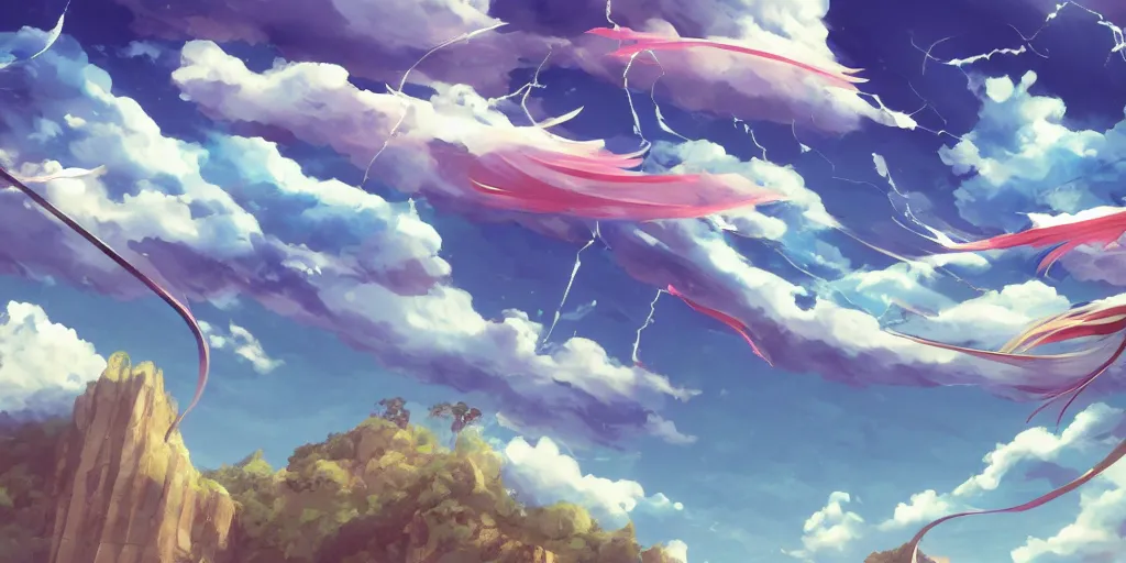 Image similar to background art of flying longswords flowing and floating through the slicing through directional wind on a simple cloudy sky background featuring a canyon bridge, big puffy clouds, large individual rose petals, lotus petals, angular background elements, large polygonal fragments, anime, studio ghibli, artgerm, manga, trending on artstation, art nouveau, mature color scheme