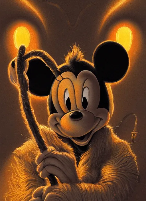 Image similar to portrait of a baphomet mickey mouse, depth of field, soft focus, highly detailed, intricate, realistic, national geographic cover, soft glow, textured, artstation, concept art, sharp focus, illustration, artgerm, greg rutkowski, earl norem