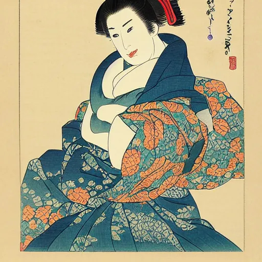 Prompt: Kaitlyn Michelle Siragusa, better known as Amouranth, full body portrait, by Katsushika Hokusai, Ukiyo-e style