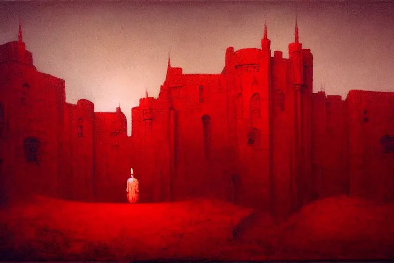 Image similar to only with red, in a red dream world, a crimson tiger, a castle in the background, medieval demons, an ancient path in the style of beksinski, part by hopper, part by rodcenko, part by hofbauer, intricate composition, red by caravaggio, insanely quality, highly detailed, masterpiece, red light, artstation