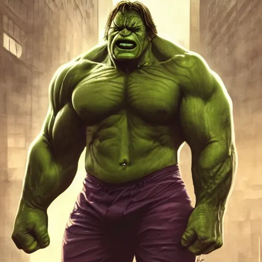 Image similar to [Gérard Depardieu as the Hulk as GTA character, closeup, D&D, intricate, elegant, highly detailed, digital painting, artstation, concept art, matte, sharp focus, illustration, art by Artgerm and Greg Rutkowski and Alphonse Mucha and Enki Bilal]