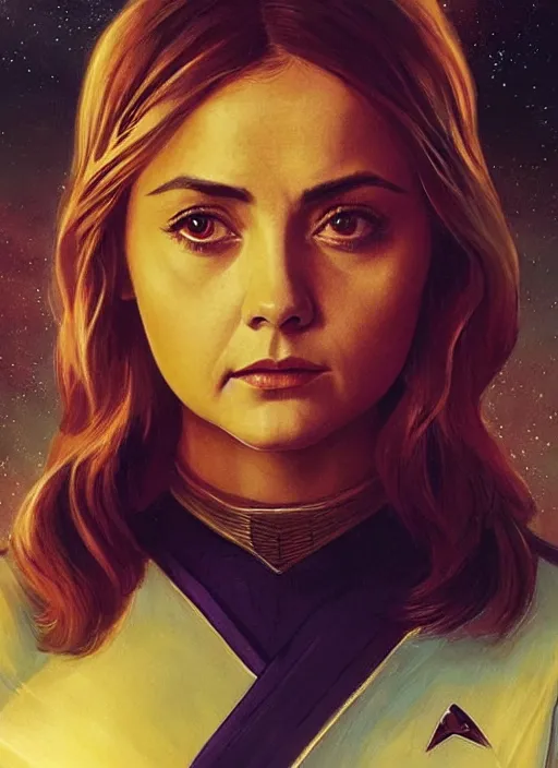 Image similar to jenna coleman as a star trek captain, a still from star trek painted by artgerm and greg rutkowski and alphonse mucha. clear highly detailed face, beautiful sci fi art