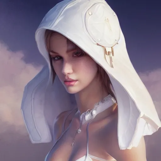 Prompt: beautiful angel girl, white jacket, white bra, highly detailed, d & d, fantasy, highly detailed, digital painting, trending on artstation, concept art, sharp focus, illustration, art by artgerm and greg rutkowski and fuji choko and viktoria gavrilenko and hoang lap