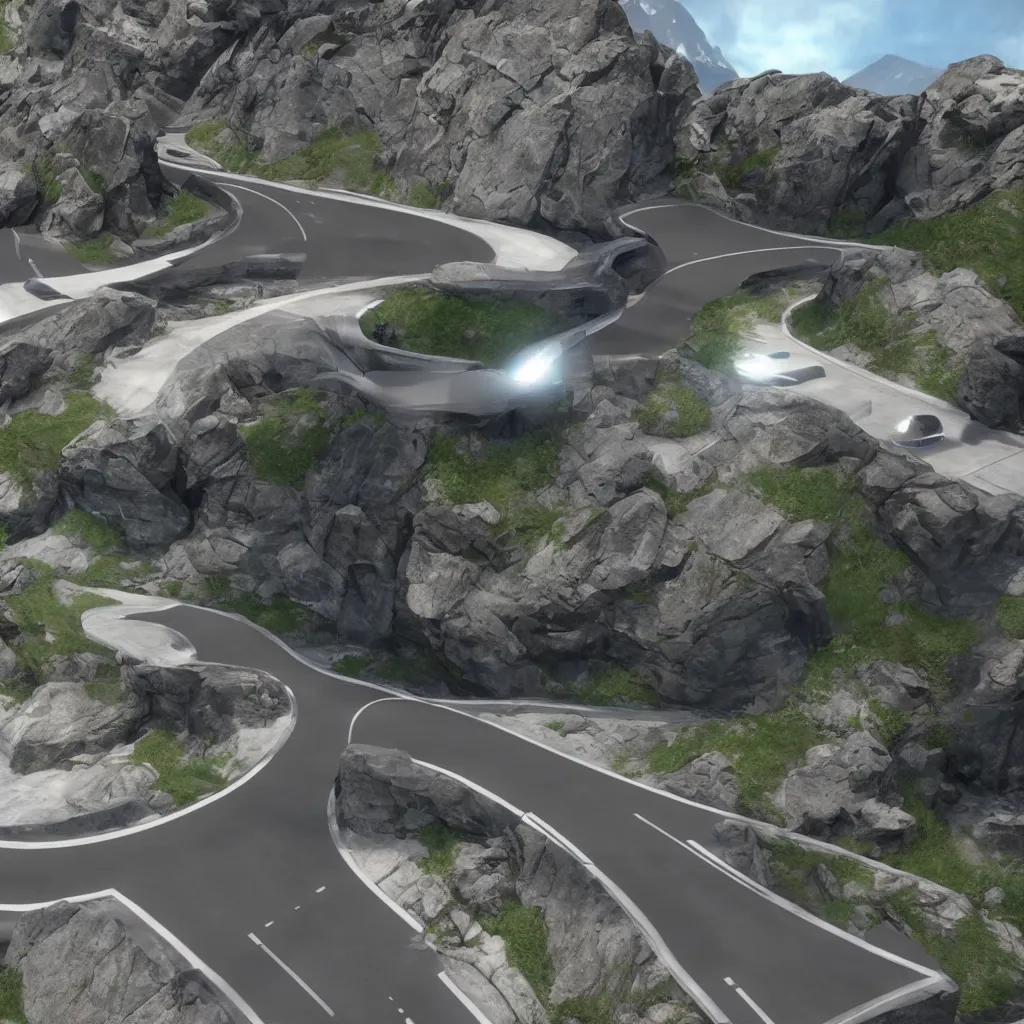 Image similar to futuristic car drive down a road in the mountains, unreal engine