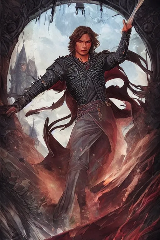 Image similar to masculine sam winchester as a dark mage warrior tattooed in the cover of an acotar book, d & d!, fantasy style, sharp focus!, ultra detailed, art by artgerm and peter andrew jones, wlop