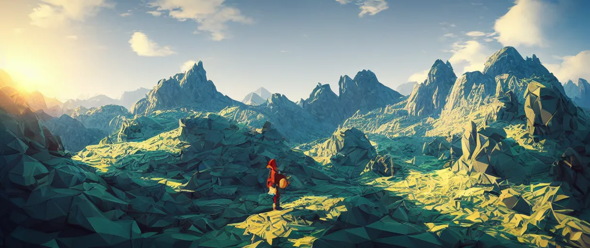 Prompt: 3 d render, mountain landscape, digital art, low poly art, minimalist, journey game, lowpoly landscape, intricate detail, whimsical, unreal engine, dreamy, brush strokes, bounce light, sunny, complementary palette, redsinski