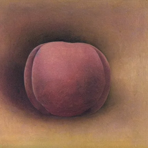 Prompt: giant floating peach, brussels, rene magritte