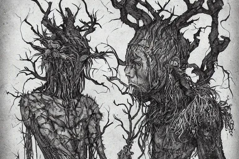Prompt: the treefolk berserker, in the style of Greg Broadmore and Arthur Rackham,trending on artstation, light lighting side view,digital art,surrealism ,macro,blueprint ,vaporwave ,