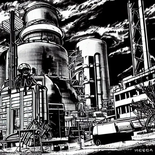 Image similar to nuclear reactor in fallout Kim Jung Gi black and white