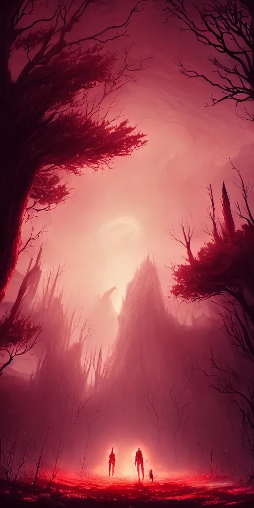 Image similar to abandoned bloodborne old valley with a person at the centre and a werewolf at the end of the valley, trees and stars in the background, falling petals, epic red - orange sunlight, perfect lightning, very detailed, illustration by niko delort