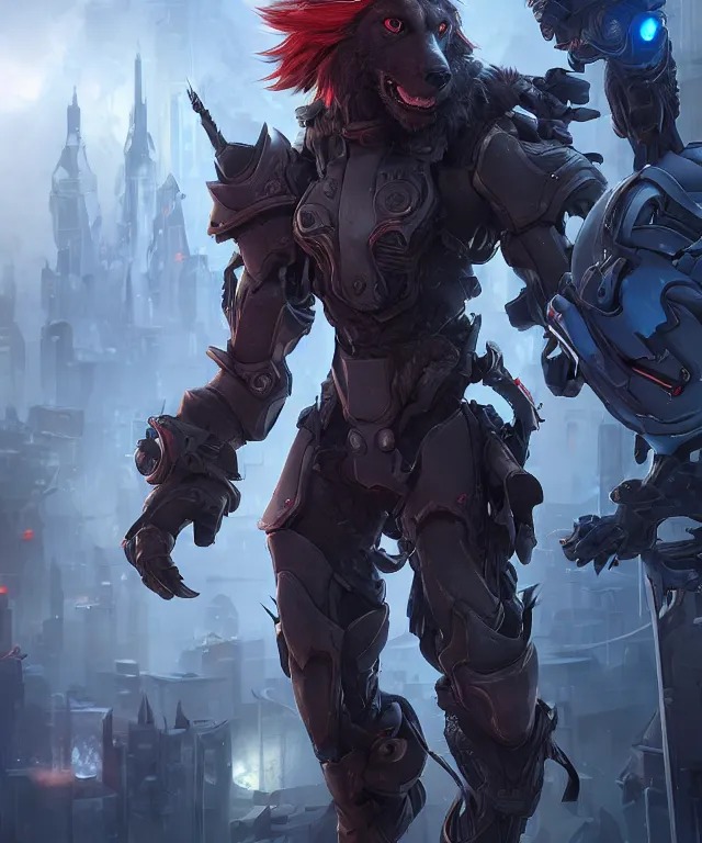 Image similar to portrait of male anthropomorphic dark gray wolf, long red hair, blue eyes, in a futuristic city, hyper detailed, digital art, trending in artstation, cinematic lighting, studio quality, smooth render, unreal engine 5 rendered, octane rendered, art style by pixar dreamworks warner bros disney riot games and overwatch.