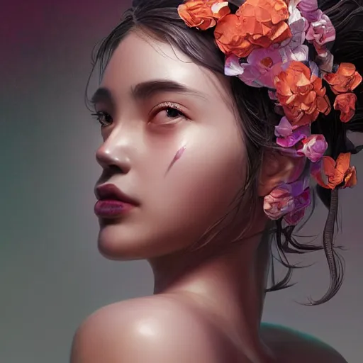 Prompt: the portrait of an absurdly beautiful, graceful, elegant, young sensual gravure idol made of petals looking up, an ultrafine detailed illustration by kim jung gi, irakli nadar, intricate linework, bright colors, octopath traveler, final fantasy, angular, unreal engine 5 highly rendered, global illumination, radiant light, detailed and intricate environment