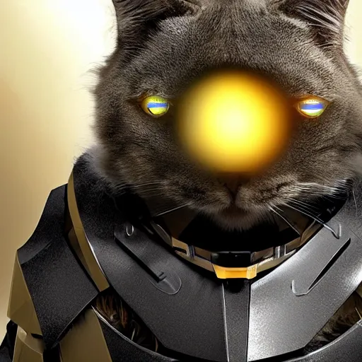 Image similar to humanoid with cat-like features in futuristic space armor with force fields, yellow eyes, teeth that protrude past the lower lip and fine grayish fur on their faces and backs of their hands and carrying weapons, octane,