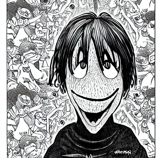 Prompt: Kermit the Frog in a manga by Junji Ito, illustration, creepy, frightening