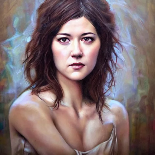 Image similar to hyper realistic candid portrait mixed media painting of beautiful Mary Elizabeth Winstead as a greek goddess, hyper detailed, realistic eyes, cinematic lighting, masterpiece