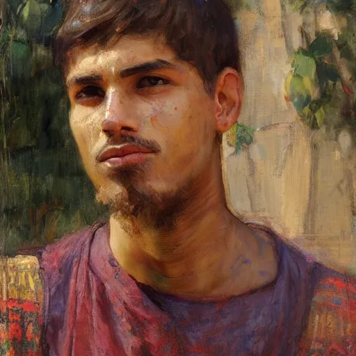 Image similar to Solomon Joseph Solomon and Richard Schmid and Jeremy Lipking Middle eastern genre painting portrait painting of a 17 year old handsome Mediterranean skinned man in colorful ancient Canaanite tunic, field background