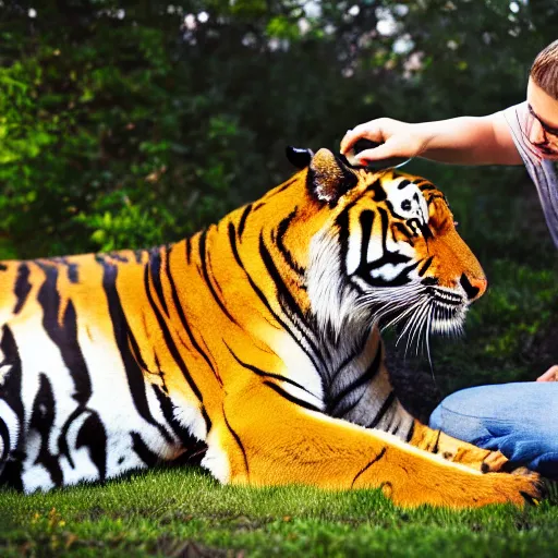 Image similar to petting a friendly tiger, 4k, high detail, high-resolution photograph- professional photography