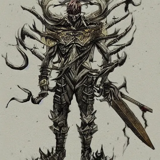 Image similar to a demonic creature with a sword in his hand, concept art by Kishi Ganku, featured on pixiv, shock art, apocalypse art, official art, cosmic horror