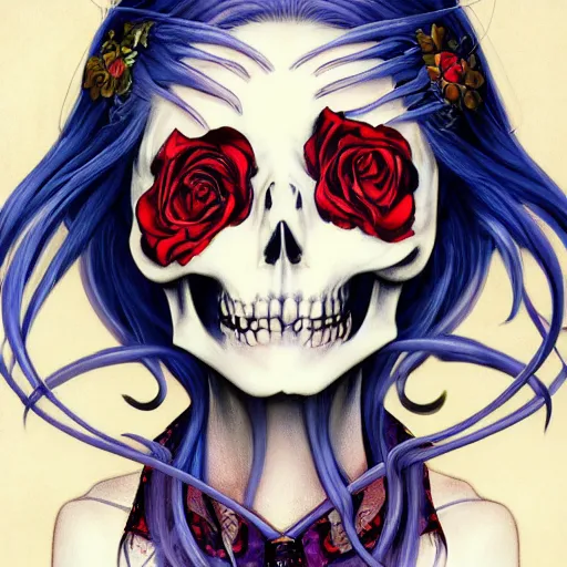 Image similar to anime manga skull portrait girl face painting by trevor brown detailed highres 4k Mucha and James Jean pop art nouveau