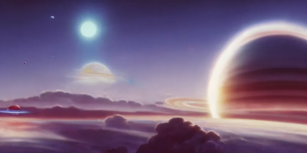 Image similar to blue dreamy cloudscape with a single planet in the clouds, ringed planet, daylight, cinematic lighting, cinematic perspective, syd mead, john harris, federico pelat,