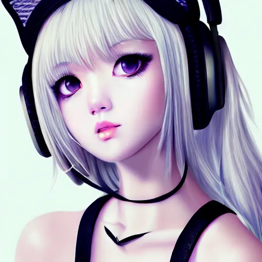 Image similar to realistic teasing detailed semirealism beautiful gorgeous cute Blackpink Lalisa Manoban white hair white cat ears blue eyes, wearing black camisole outfit, headphones, black leather choker full HD 4K high resolution quality WLOP, Aztodio, Taejune Kim, Guweiz, Pixiv, Instagram, Artstation