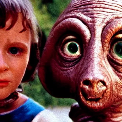 Prompt: movie still photograph of et the alien wearing hannibal lector mask and straight jacob. highly realistic. 4 k.