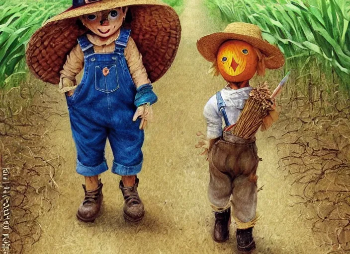 Image similar to a cute short scarecrow with a straw hat in overalls walking on a dirt road next to a large corn field, children's book by tom lovell, ross tran, terry redlin, jean baptiste monge