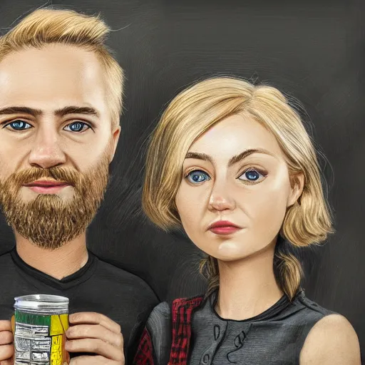 Image similar to a highly detailed portrait of a couple holding a tin can, blonde hair, trending on artstation,