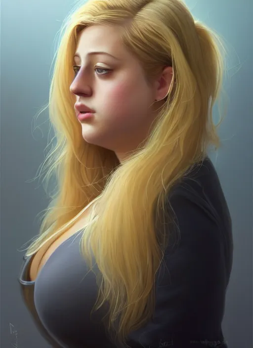 Image similar to full body portrait, teenage lili reinhart, blonde hair, obese, bangs, ponytail, sultry, realistic, sultry smirk, fluffy bangs, curly bangs, fat, belly, intricate, elegant, highly detailed, digital painting, artstation, concept art, smooth, sharp focus, illustration, art by wlop, mars ravelo and greg rutkowski