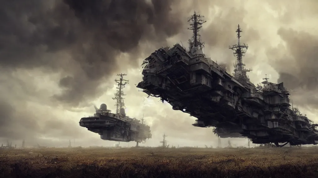 Image similar to an immense steampunk aircraft carrier crashed and burning in a field, thick black smoke billowing, turbulent storm clouds, dystopian, sharp focus, octane render, imax