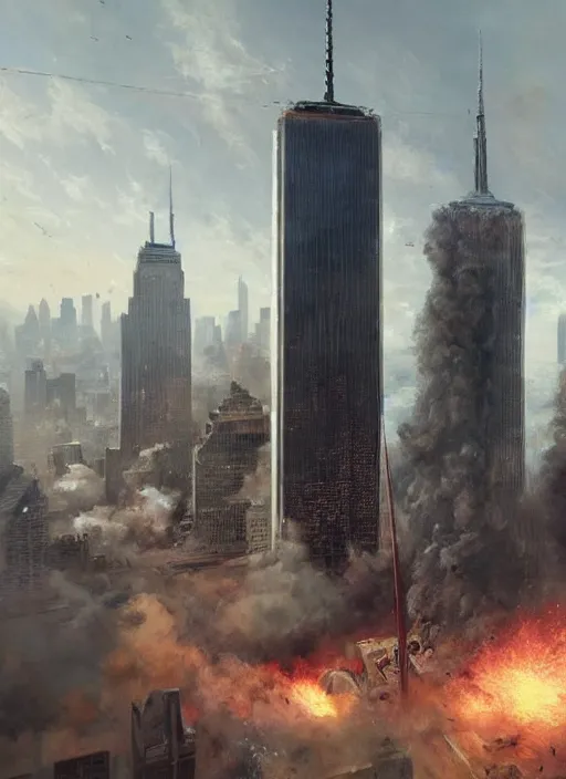 Image similar to hyper realistic 9 / 1 1 attacks, atmospheric beautiful details, strong composition painted by kim jung giu weta studio rutkowski, james gurney and greg rutkowski, and lucasfilm