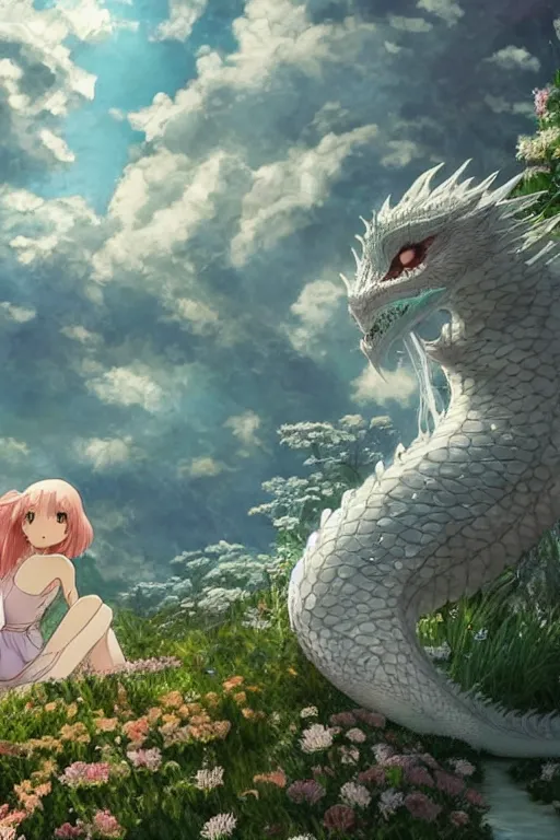 Image similar to the beautiful hyper detailed scene render that a lonely beautiful girl lies in the arms of a huge silver white dragon alone in fairyland surrounded by white clouds, finely detailed angelic face delicate features, style of studio ghibli, makoto shinkai, raphael lacoste, louis comfort tiffany, artgerm, james jean, ross tran, animation style, hd, ultra wide angle