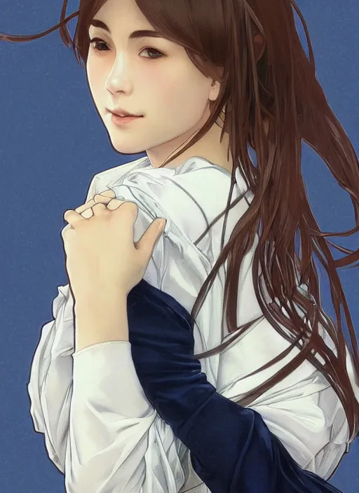 Image similar to Italian Japanese mixed race teen female wearing a navy and white Japanese school uniform, captivating, seductive look, posing in Waikiki, sigma female, portrait art by alphonse mucha and greg rutkowski, highly detailed, digital painting, concept art, illustration, dim lighting with twilight rays of sunlight, trending on artstation, very detailed, smooth, sharp focus, octane render, close up