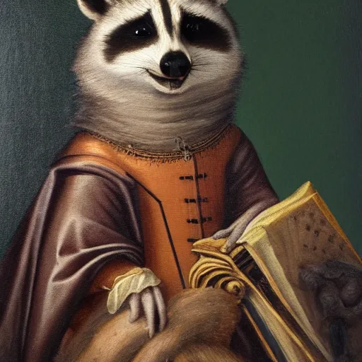 Image similar to a renaissance style portrait oil painting of a fancy raccoon wearing a crown and a cape, dark background