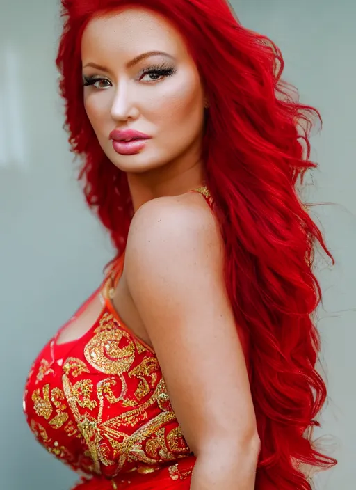 Prompt: portrait of lindsey pelas with red hair wearing kebaya in jakarta, by charlotte grimm, natural light, detailed face, beautiful features, symmetrical, canon eos c 3 0 0, ƒ 1. 8, 3 5 mm, 8 k, medium - format print, half body shot