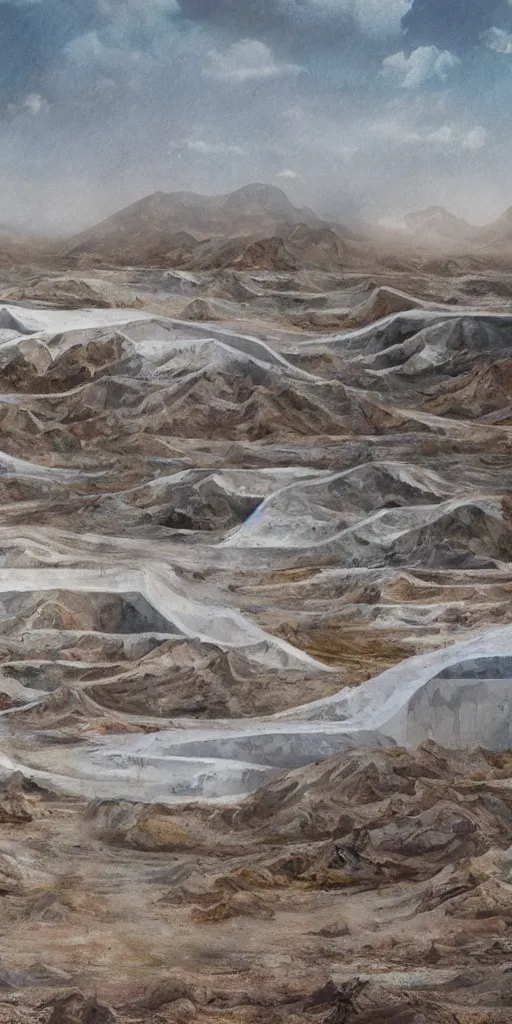 Prompt: surreal theory of a white stepped high tech architecture in the mining tailings in the desert, biroremediation plant, foggy, patchy cactus, oil painting, pale colors, high detail, 8 k, wide angle, trending on artstation, behance