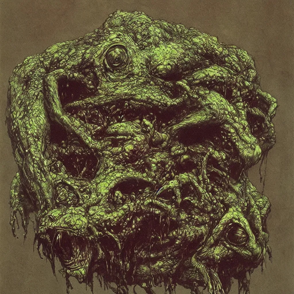 Image similar to horrifying bullfrog creature, fangs, necromorph, style of zdislaw beksinski