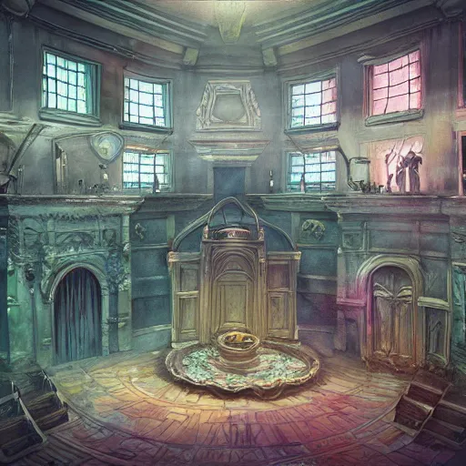 Image similar to eldritch legislature, fantasy illustration, realistic colorful photography, interior, hyperrealism