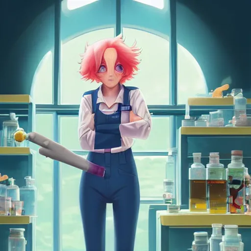 Image similar to British Pokemon original character with wild peach colored hair and heterochromia, Pixar style, beautiful woman, scientist, standing in a lab in front of a giant containment liquid filled tank, by Tristan Eaton Stanley Artgerm and Tom Bagshaw, Makoto Shinkai ilya kuvshinov and Wojtek Fus